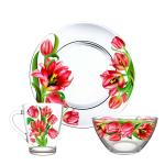Набор д/завтрака стекл 3пр (салатник/тарелка/кружка) Тюльпаны Декостек/1220-Д/Т00026975